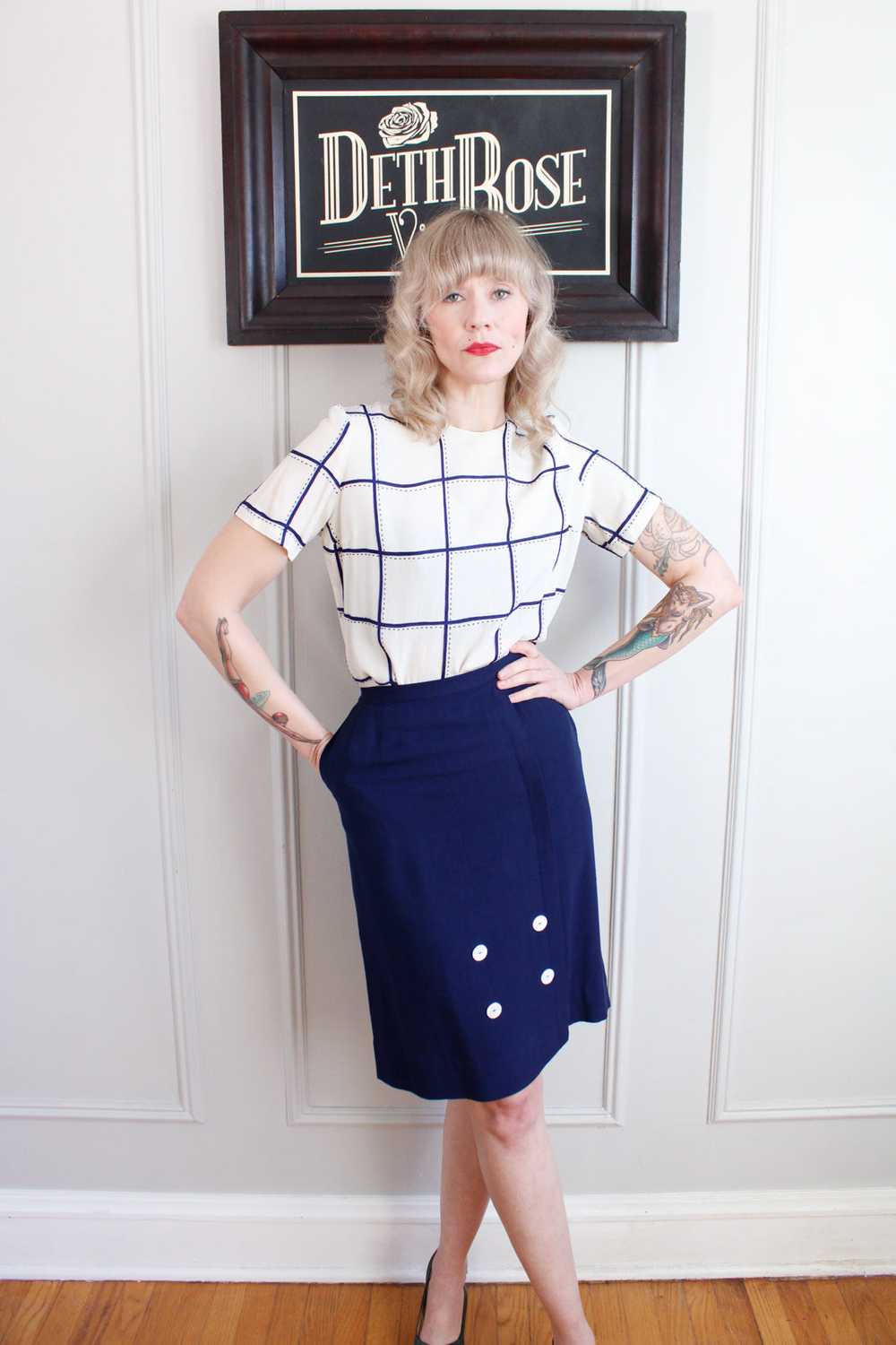 1950s Linen Button Pencil Skirt - Xsmall - image 3