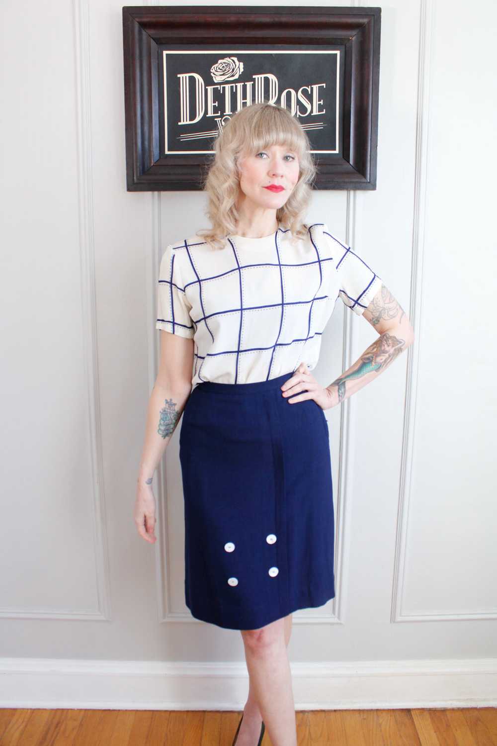 1950s Linen Button Pencil Skirt - Xsmall - image 7