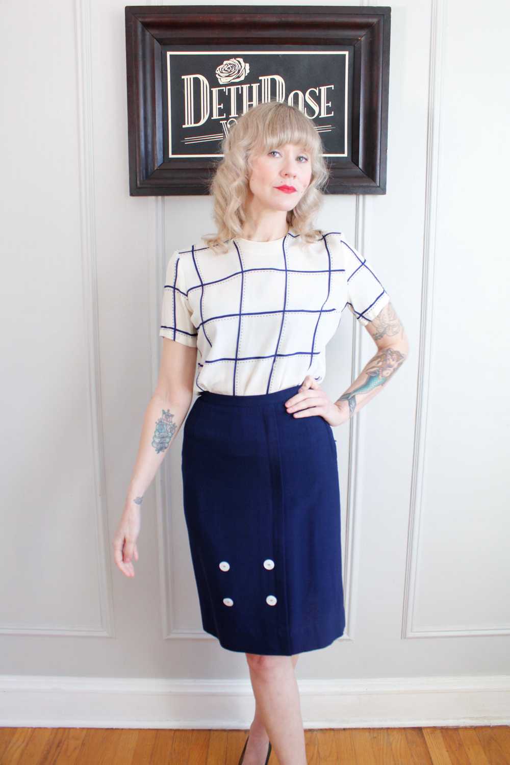 1950s Linen Button Pencil Skirt - Xsmall - image 9