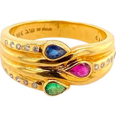 18K Gold Diamond, Ruby, Sapphire, & Emerald Ring … - image 1