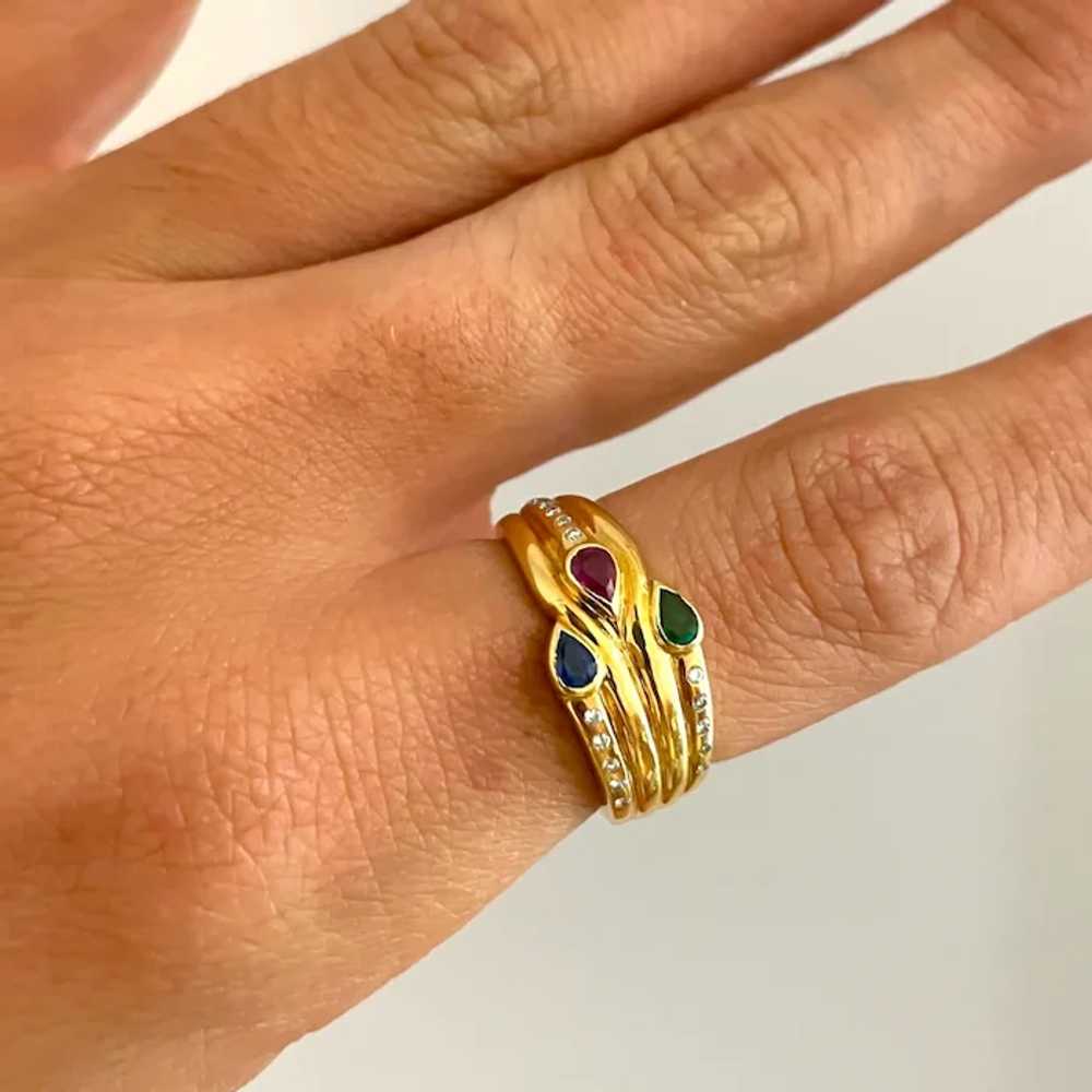 18K Gold Diamond, Ruby, Sapphire, & Emerald Ring … - image 4