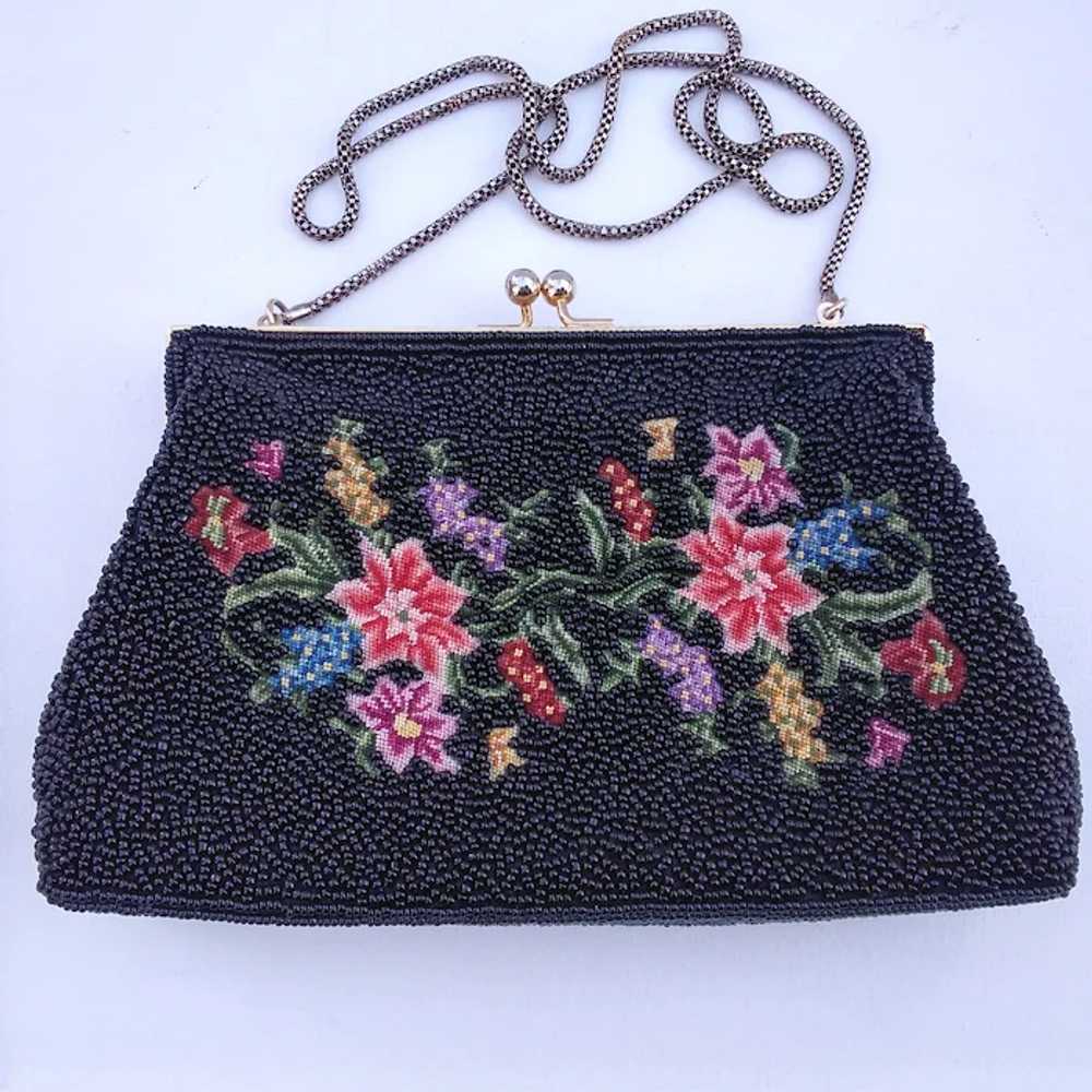 Vintage Black Glass Beaded and Petit Point Purse … - image 10