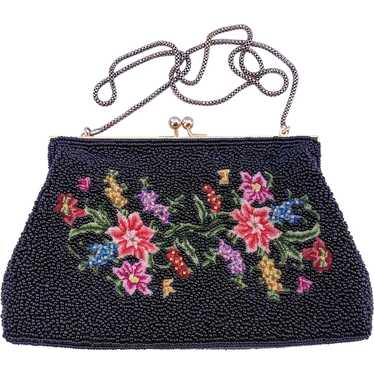 Vintage Black Glass Beaded and Petit Point Purse … - image 1