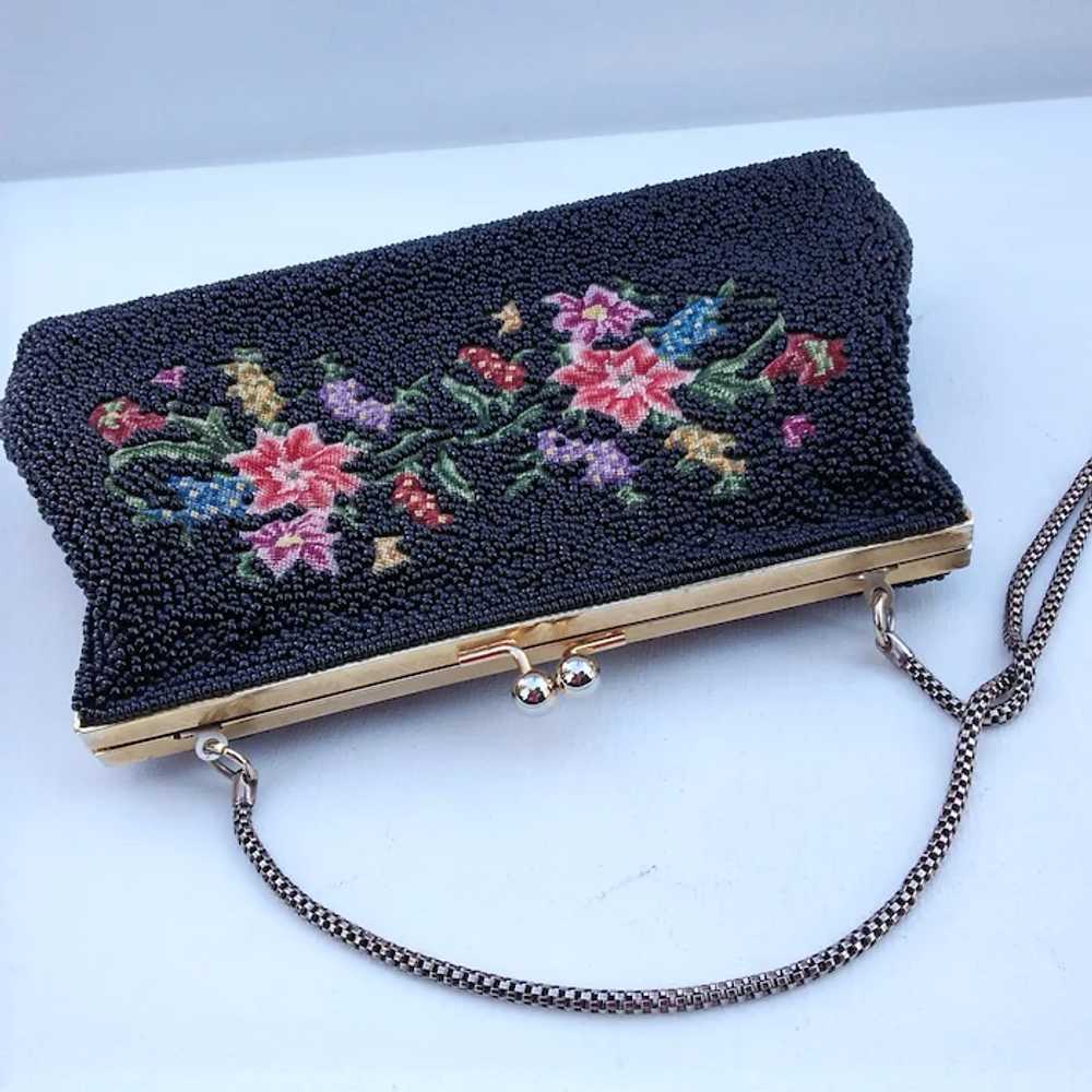 Vintage Black Glass Beaded and Petit Point Purse … - image 3