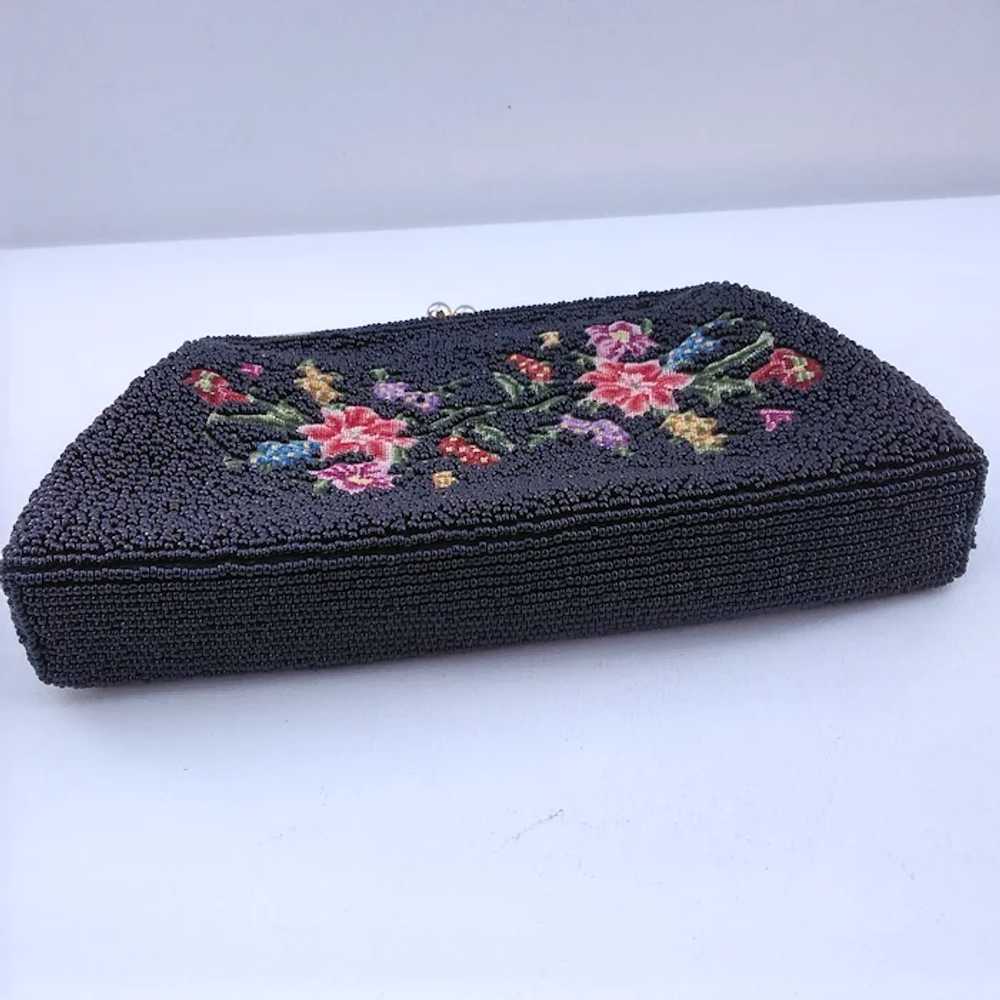 Vintage Black Glass Beaded and Petit Point Purse … - image 4