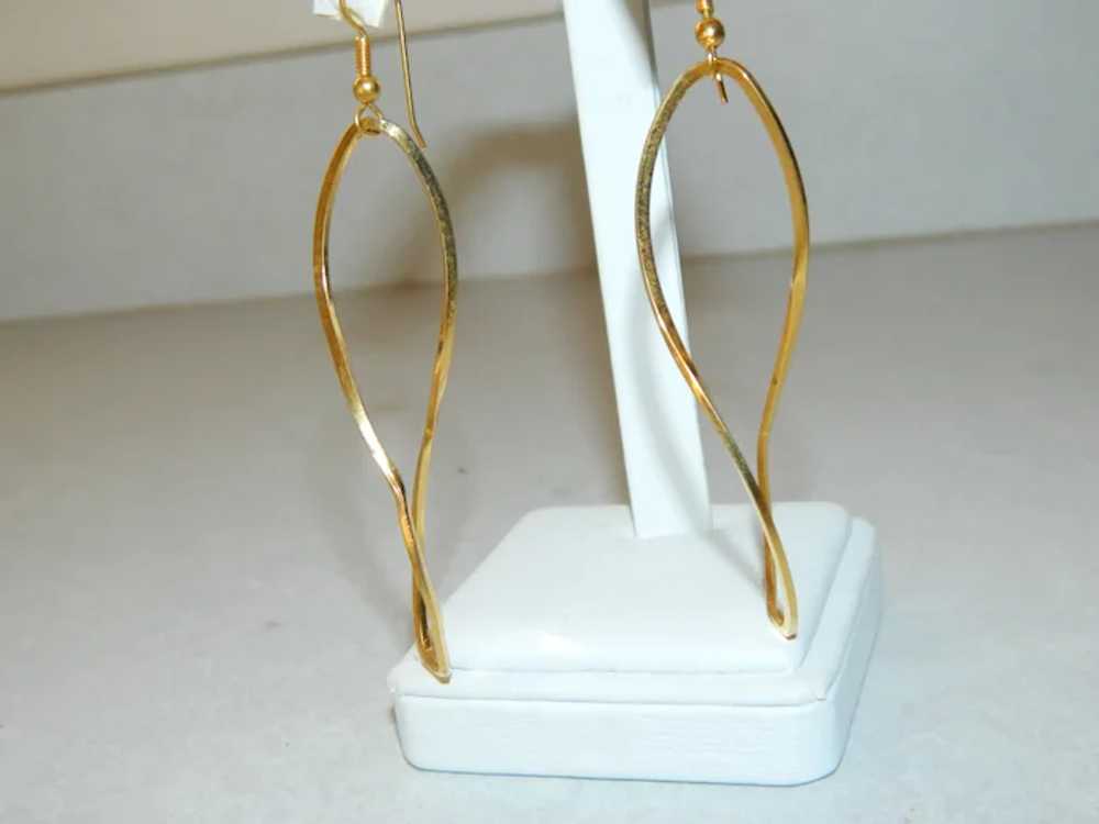 Elegant Gold Tone Slightly Twisted Long Hoop Earr… - image 3