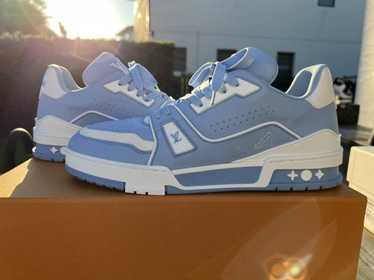 LOUIS VUITTON Calfskin Embossed Monogram Denim Mens LV Trainer Sneakers 6.5  Blue 1311518