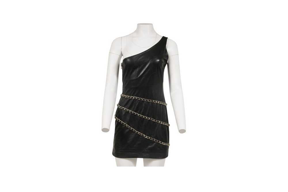 Balmain Mini Dress Black Lamb Leather One Shoulde… - image 1