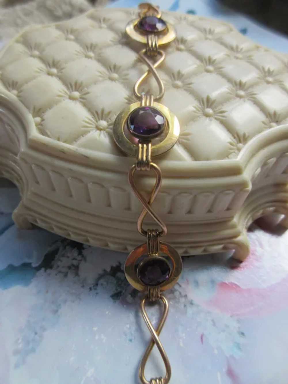 Vintage Gold Fill Faceted Purple Glass Bracelet - image 3