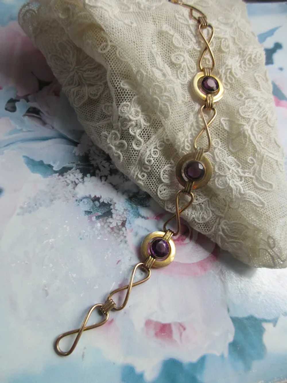 Vintage Gold Fill Faceted Purple Glass Bracelet - image 5