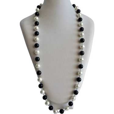 Vintage Black Lucite and White Glass Pearls Neckl… - image 1