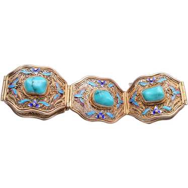 Chinese Export Turquoise Sterling Silver Filigree… - image 1