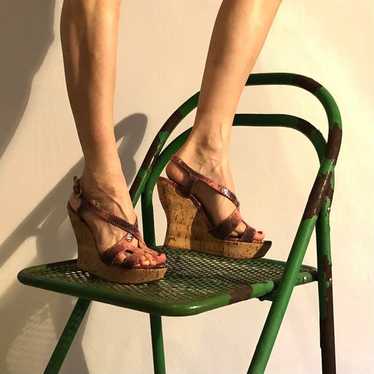 Y2K Miu Miu Cork Wedge Heel Pink Python Boho Sand… - image 1