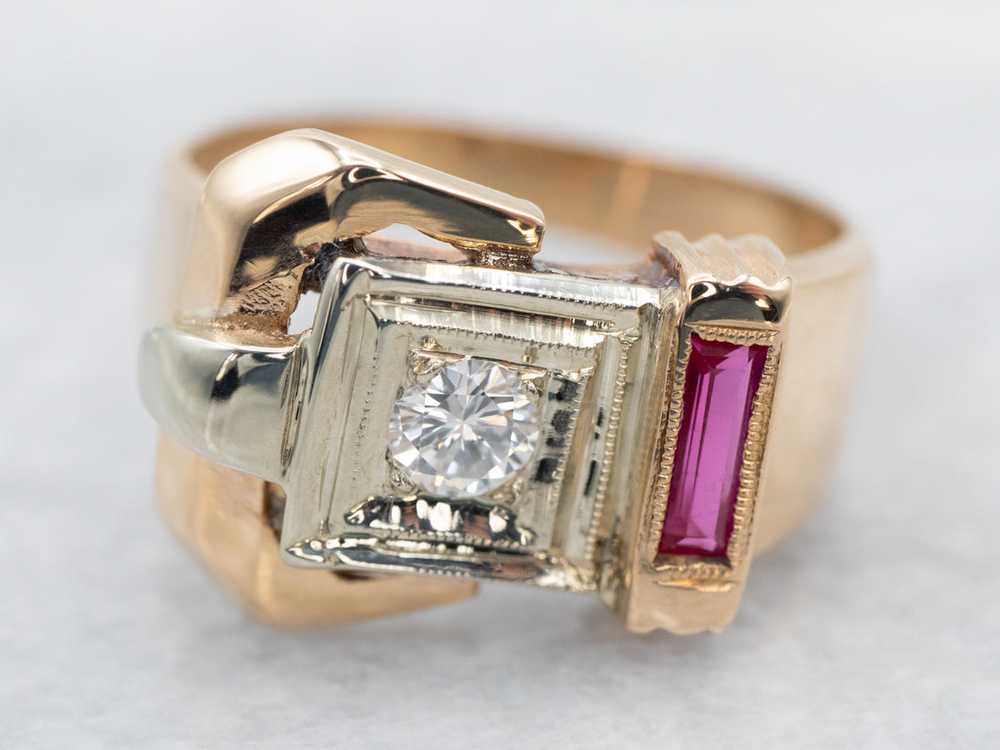 Vintage Diamond and Synthetic Ruby Buckle Ring - image 1