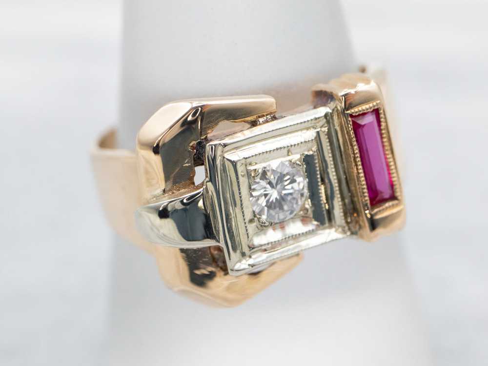 Vintage Diamond and Synthetic Ruby Buckle Ring - image 3