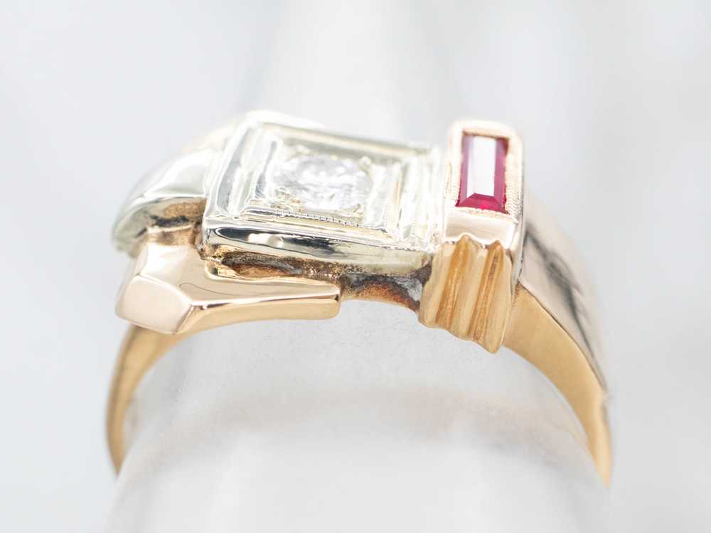 Vintage Diamond and Synthetic Ruby Buckle Ring - image 4