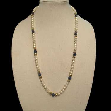 Vintage Vintage pearl necklace with blue bead acc… - image 1