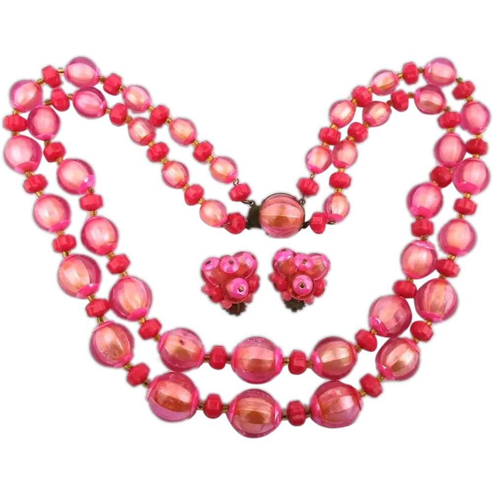 Vintage Western Germany Pink Necklace Earrings Set - image 1