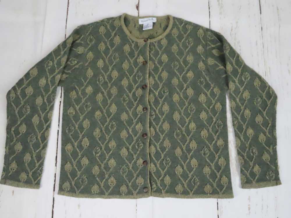 Vintage Wool Cardigan Green Leaf Pattern Sweater L - image 1