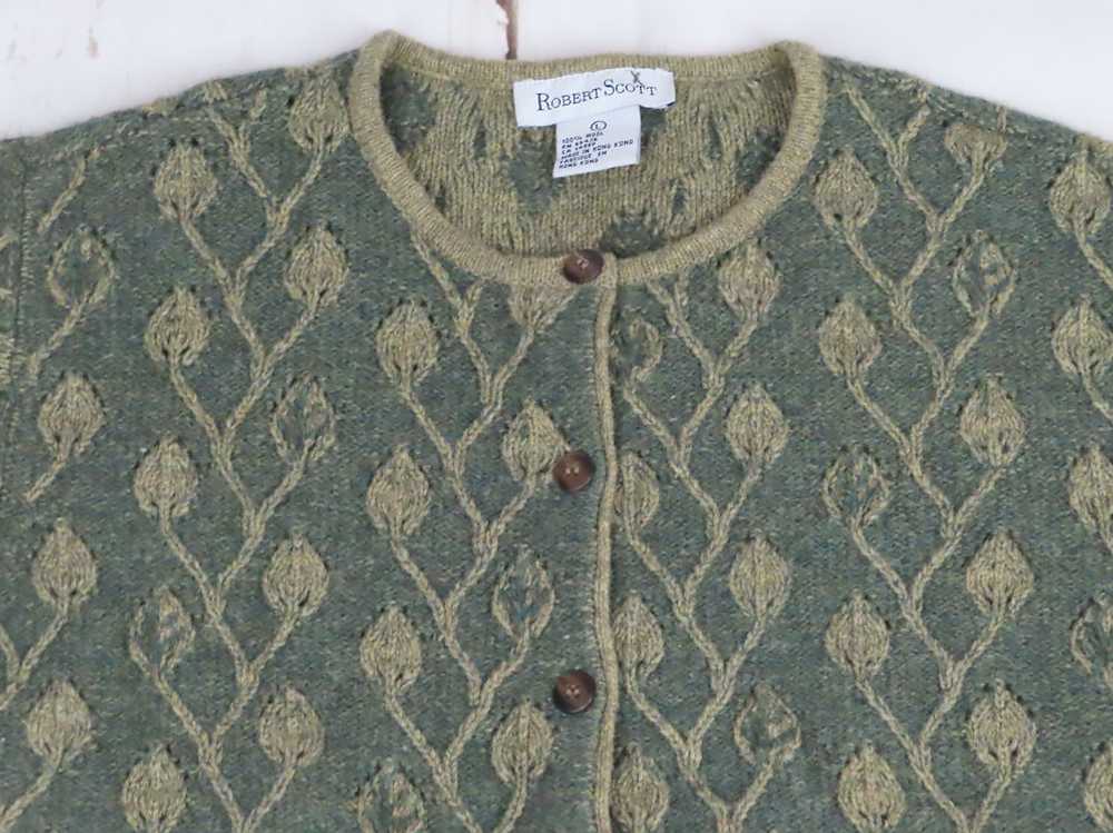 Vintage Wool Cardigan Green Leaf Pattern Sweater L - image 2