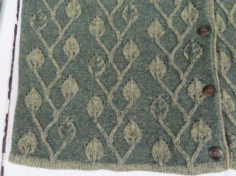 Vintage Wool Cardigan Green Leaf Pattern Sweater L - image 3