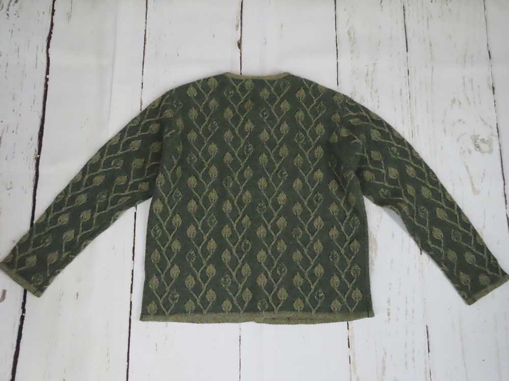 Vintage Wool Cardigan Green Leaf Pattern Sweater L - image 4