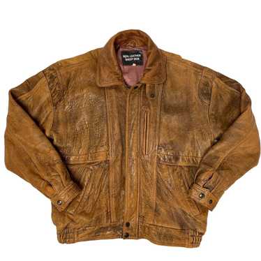 Unkwn Vtg 70 80's Brown Distressed Leather BOMBER… - image 1