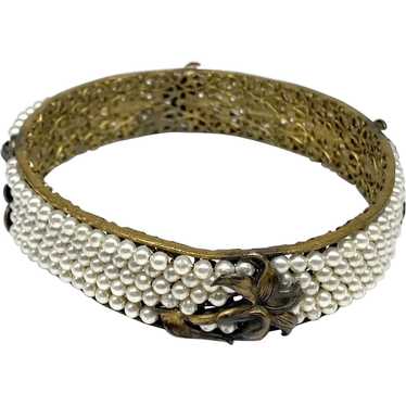 1940s 50s Faux Pearl & Filigree Bangle Bracelet, … - image 1