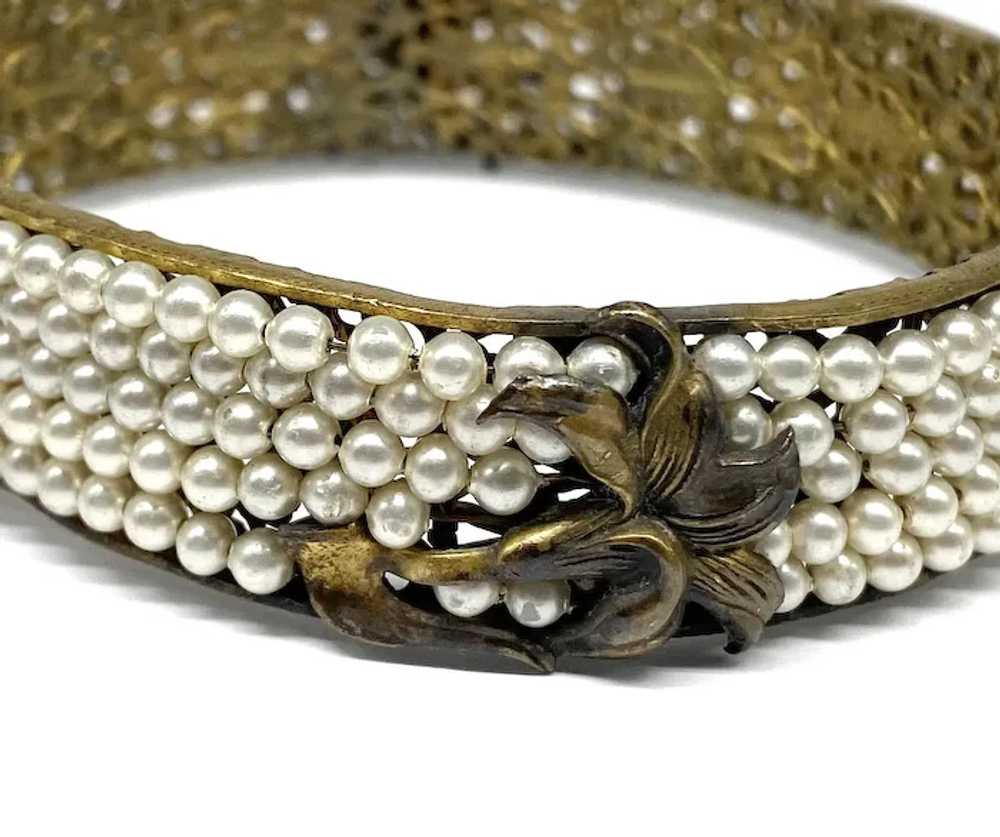 1940s 50s Faux Pearl & Filigree Bangle Bracelet, … - image 3