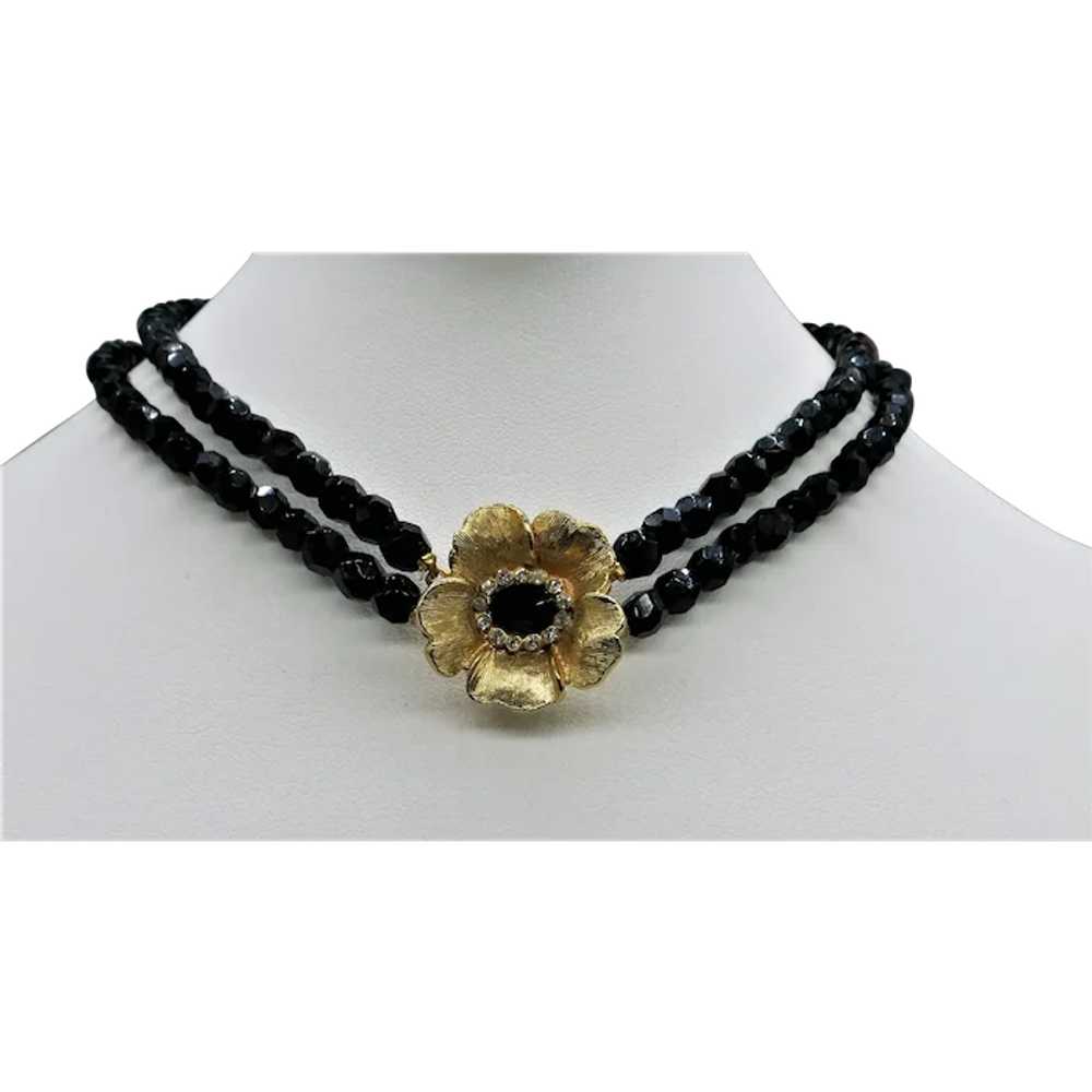VINTAGE  Two Strand Black Glass Choker with a Fan… - image 1