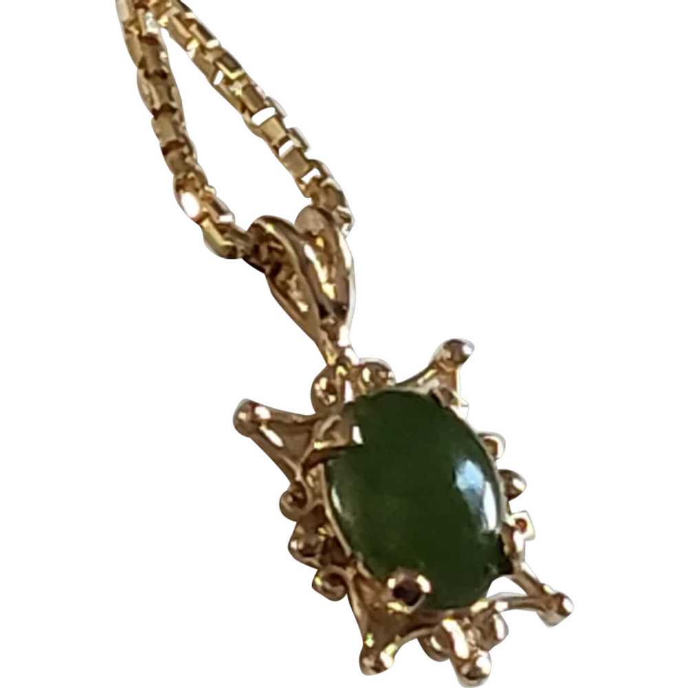 14K YG Filigree Jade Pendant with Box Chain Neckl… - image 1