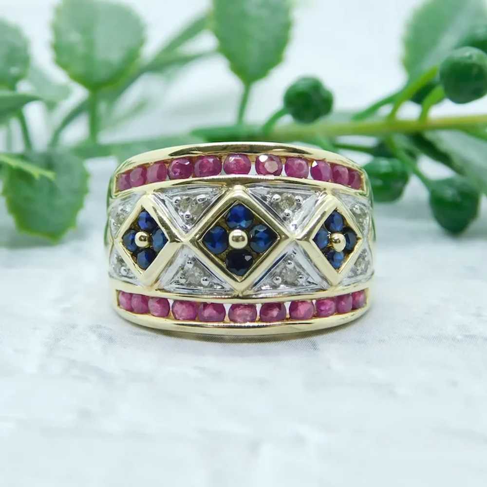 Vintage .98ctw Ruby, Diamond & Sapphire Band Ring… - image 2