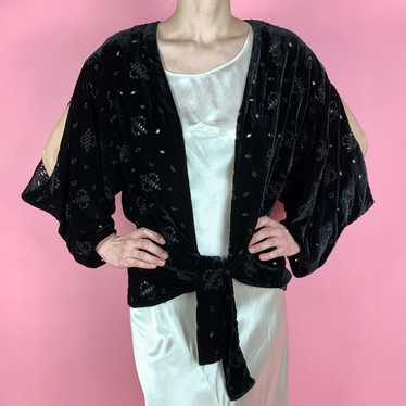 1930s Eyelet Silk Velvet Jacket With Cutout Sleev… - image 1