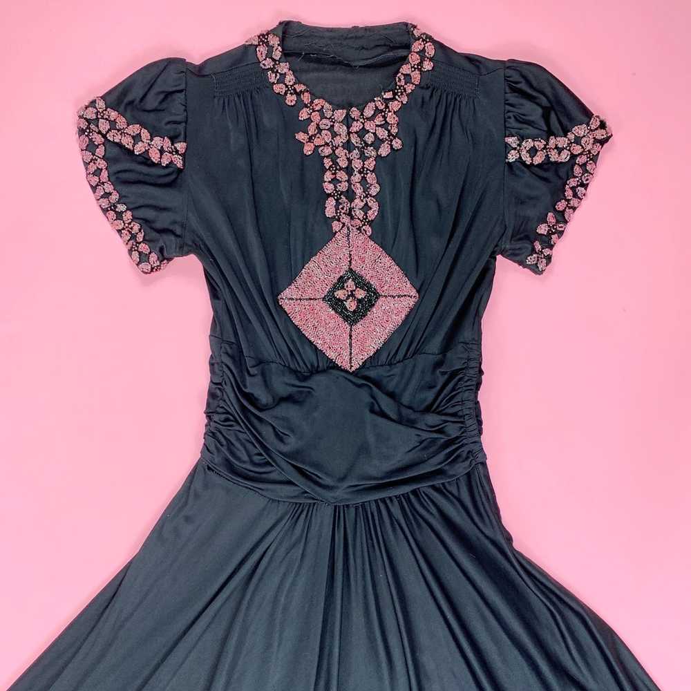 1930s Rayon Jersey Gown With Pink Beading - image 1