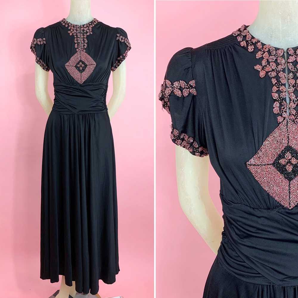 1930s Rayon Jersey Gown With Pink Beading - image 4