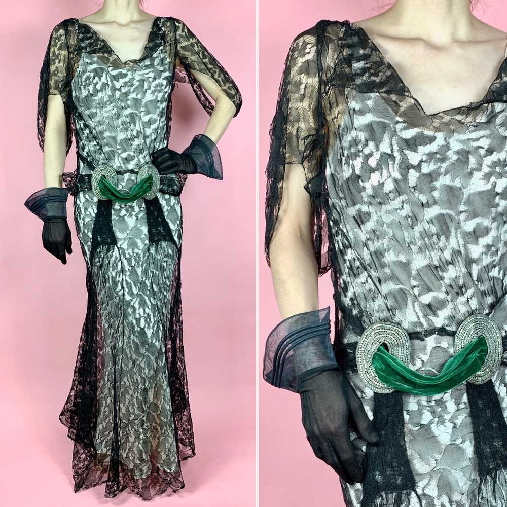 1930s Webby Silk Lace Gown With Green Velvet & Rh… - image 2