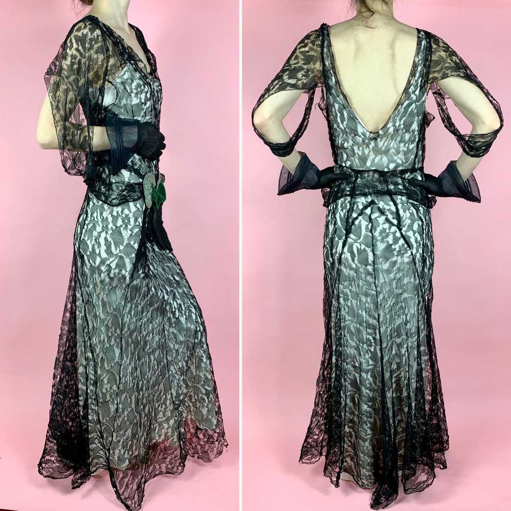 1930s Webby Silk Lace Gown With Green Velvet & Rh… - image 3