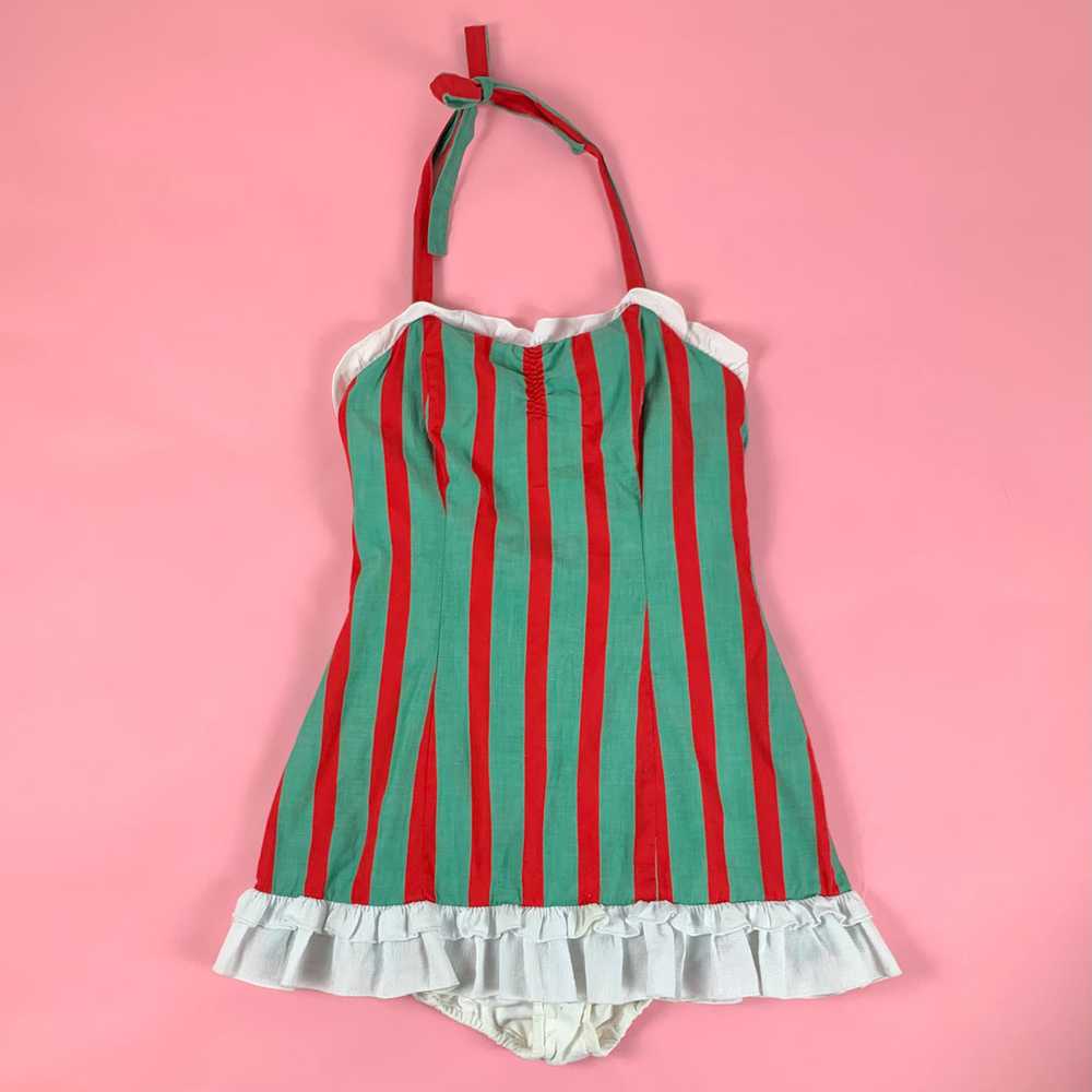 1950s Red & Green Striped Chambray One Piece Ruff… - image 1