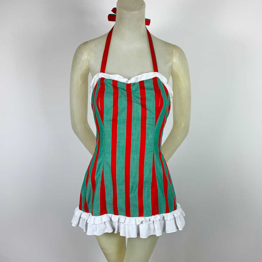 1950s Red & Green Striped Chambray One Piece Ruff… - image 2