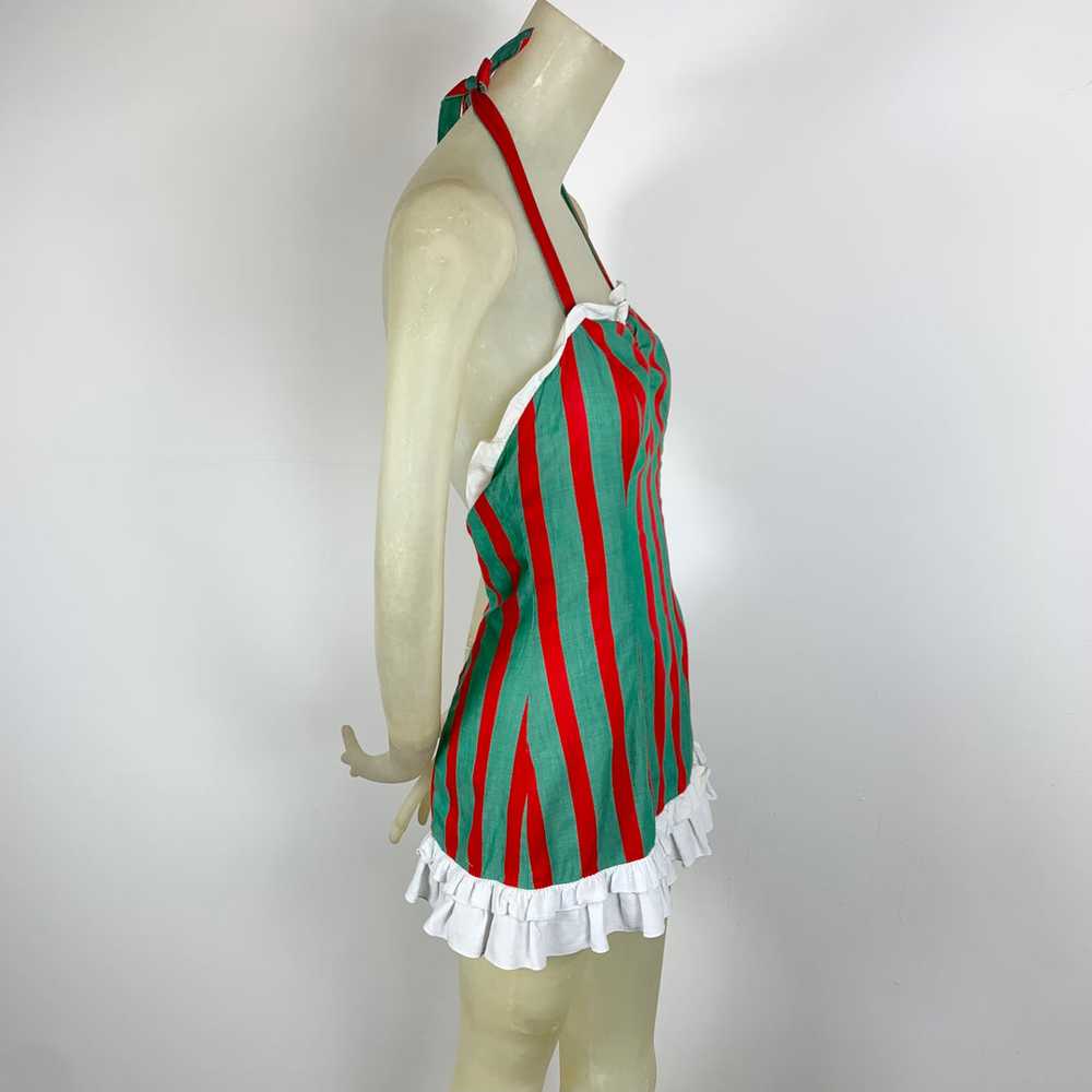 1950s Red & Green Striped Chambray One Piece Ruff… - image 3