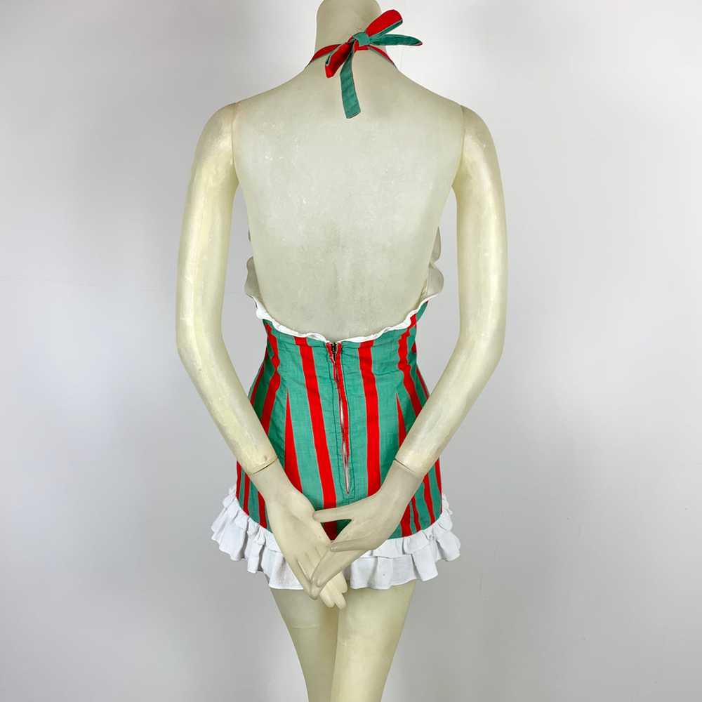 1950s Red & Green Striped Chambray One Piece Ruff… - image 4