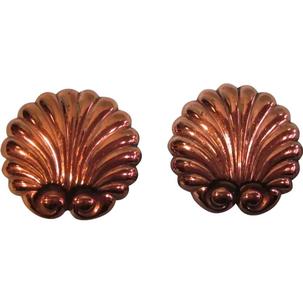 Signed Renoir Copper Shell Scallop Clip Earrings,… - image 1