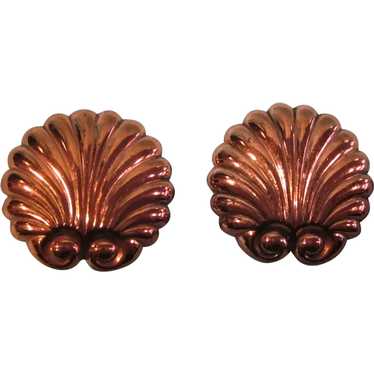 Signed Renoir Copper Shell Scallop Clip Earrings,… - image 1