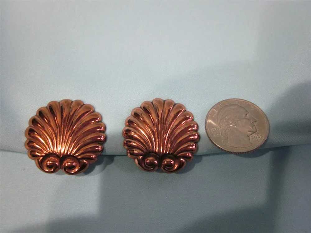 Signed Renoir Copper Shell Scallop Clip Earrings,… - image 2