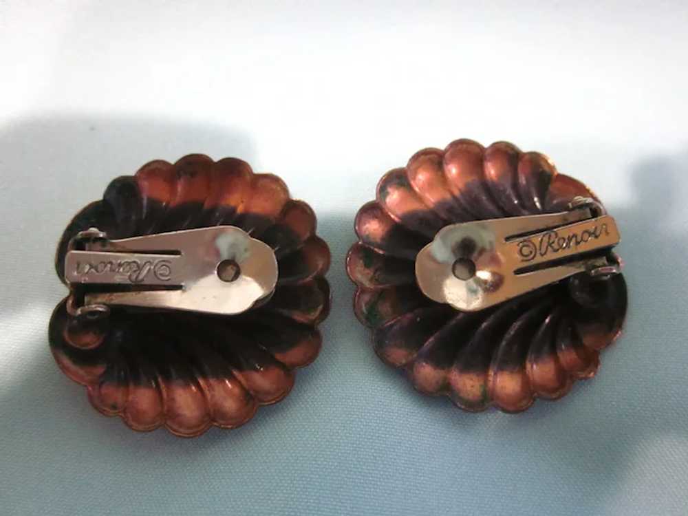 Signed Renoir Copper Shell Scallop Clip Earrings,… - image 3