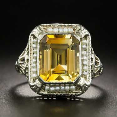 Art Deco Citrine and Seed Pearl Filigree Ring - image 1