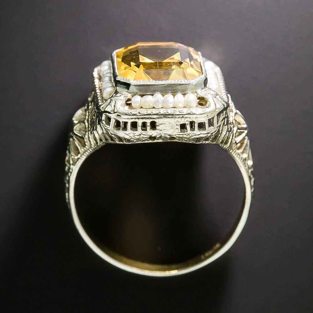 Art Deco Citrine and Seed Pearl Filigree Ring - image 3
