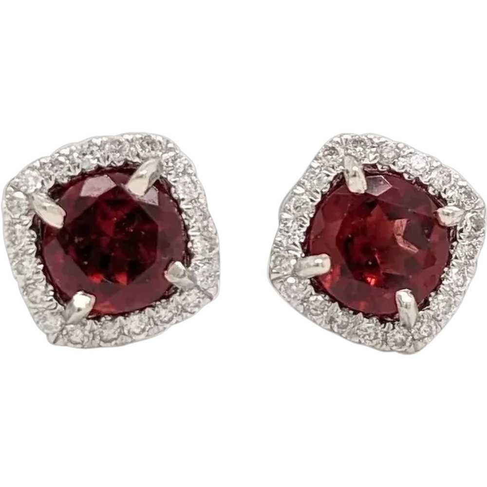 Red Garnet Stud Earrings with Cushion Diamond Hal… - image 1