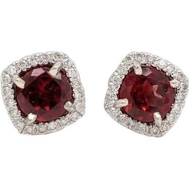 Red Garnet Stud Earrings with Cushion Diamond Hal… - image 1