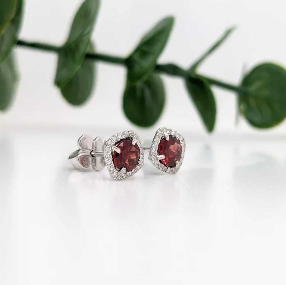 Red Garnet Stud Earrings with Cushion Diamond Hal… - image 3